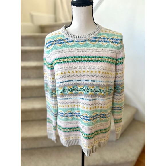 Talbots White & Green Fair Isle Striped Crewneck Sweater - Picture 1 of 6